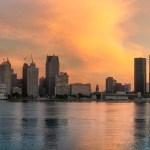 The Detroit skyline as seen from across the Detroit River, in Windsor, Ontario, Canada.