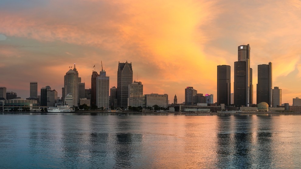 The Detroit skyline as seen from across the Detroit River, in Windsor, Ontario, Canada.